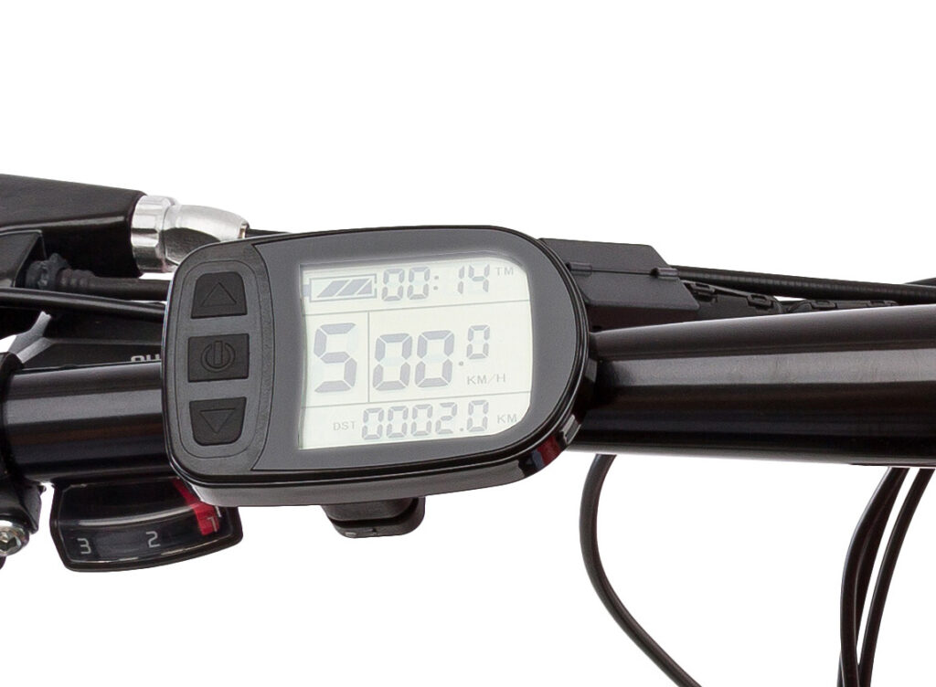 מסך דיגיטלי לאופניים חשמליים עם נתוני מהירות ונסיעה, מותקן על כידון.