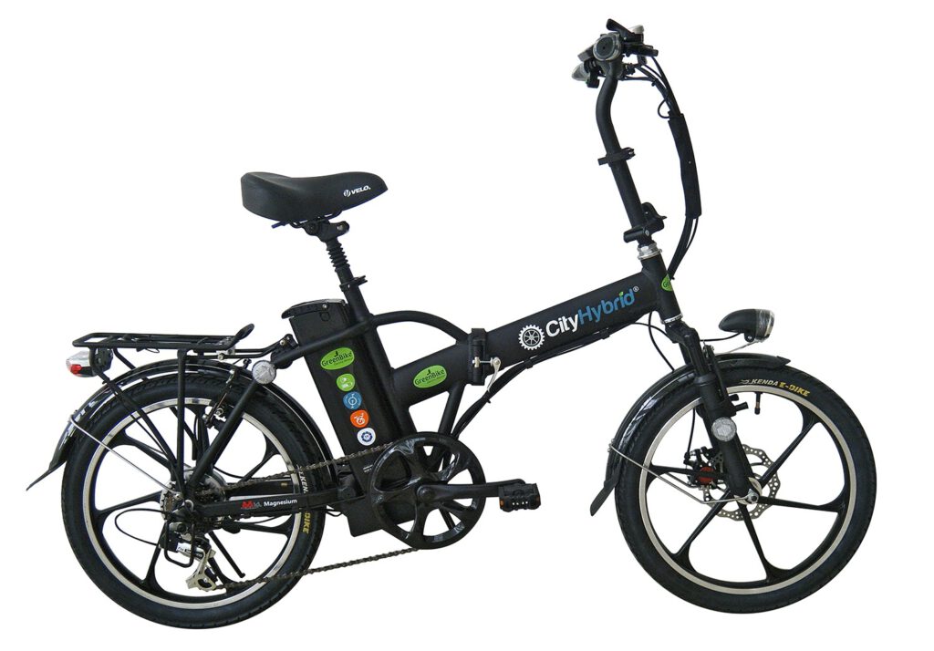 אופניים חשמליים מתקפלים בצבע שחור עם סוללה, מושב וגלגלים בעיצוב מודרני.