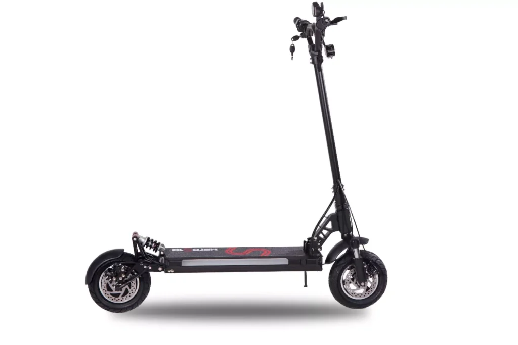 קורקינט חשמלי מתקפל בצבע שחור, עם גלגלים גדולים ומערכת בלימה מתקדמת.