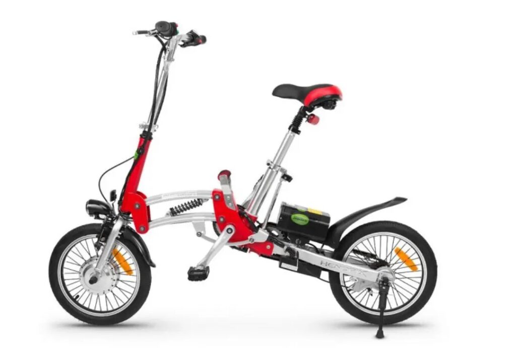 אופניים חשמליים מתקפלים עם עיצוב מודרני, מושב מתכוונן וצבעים בולטים.