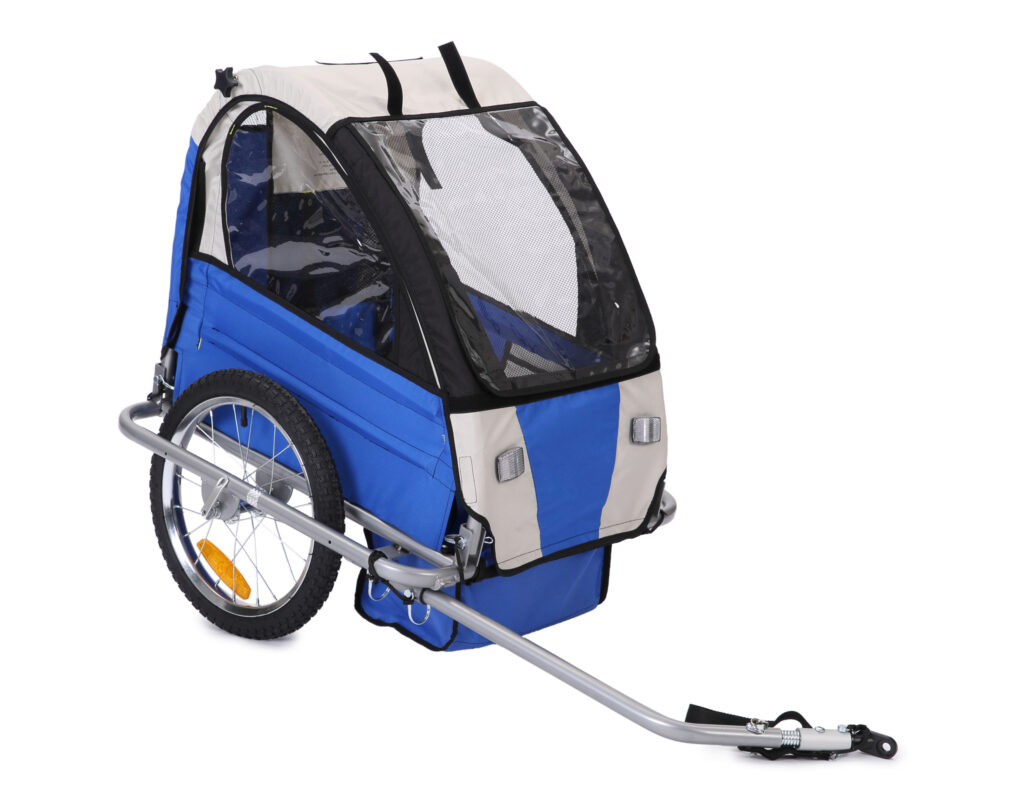 עגלה לאופניים בצבעים כחול וקרם, מתאימה להובלת ילדים או חיות מחמד.