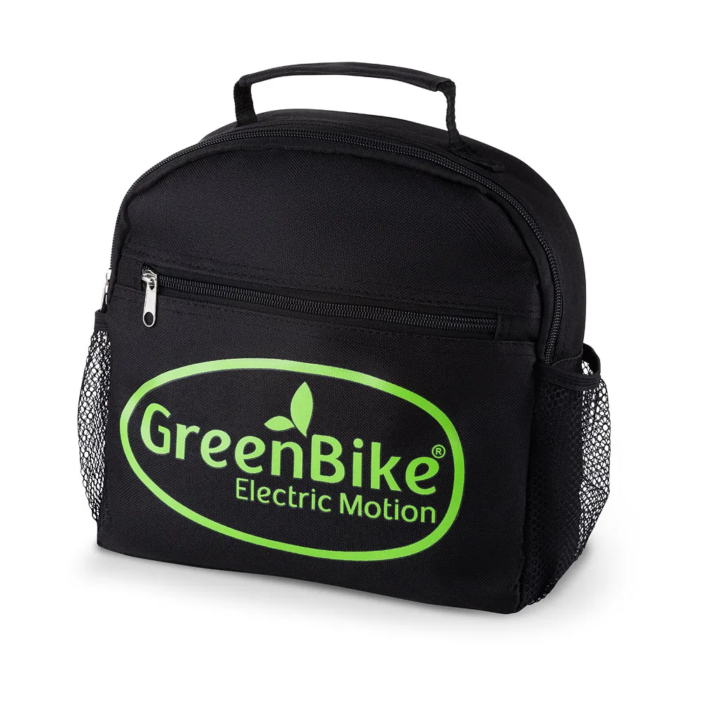 תיק שחור לאופניים חשמליים עם לוגו GreenBike, מתאים לאחסון אביזרי אופניים.