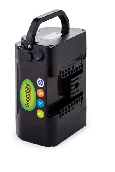 סוללה חשמלית לאופניים עם ידית, מתאימה לתחזוקה נכונה של אופניים חשמליים וקורקינטים חשמליים.