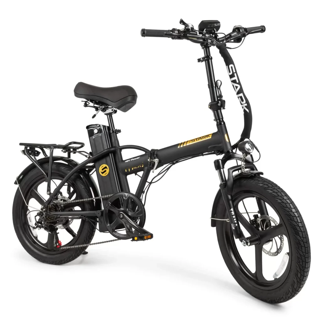 אופניים חשמליים מתקפלים בצבע שחור, עם סוללה ומערכת הילוכים מתקדמת.