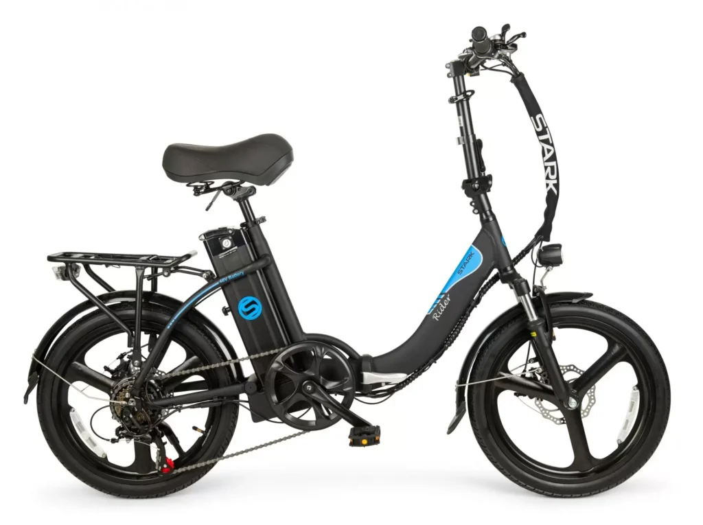 אופניים חשמליים מתקפלים בצבע שחור עם סוללה וגלגלים רחבים, מתאימים לנסיעות עירוניות.