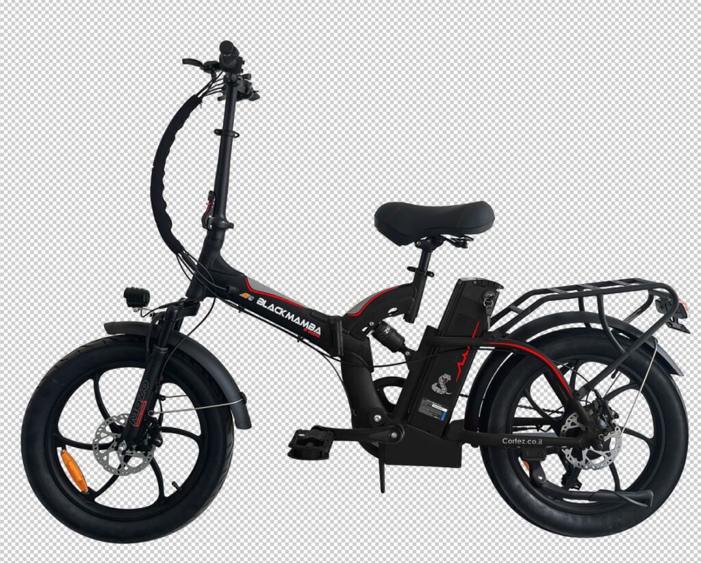 אופניים חשמליים מתקפלים בצבע שחור עם פרטים אדומים, כולל סוללה ומערכת בלמים מתקדמת.