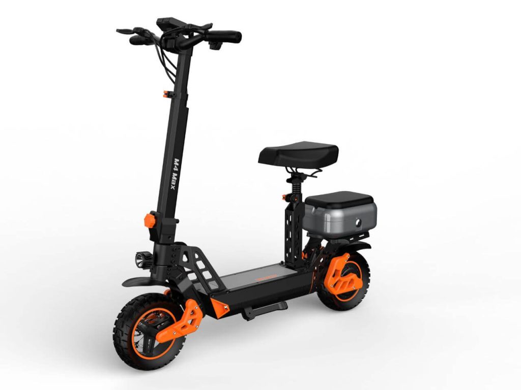 קורקינט חשמלי מתקפל עם מושב, עיצוב מודרני וגלגלים עמידים. מתאים להתניידות עירונית נוחה.