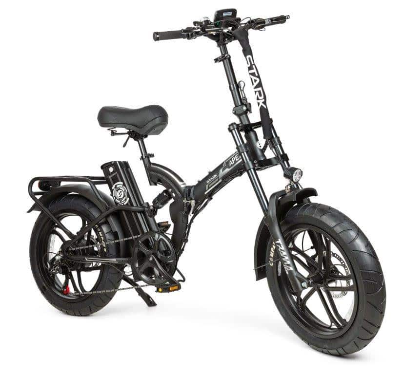 אופניים חשמליים מתקפלים בצבע שחור עם צמיגים רחבים, מתאימים לשימוש עירוני ונוחות תחבורה.