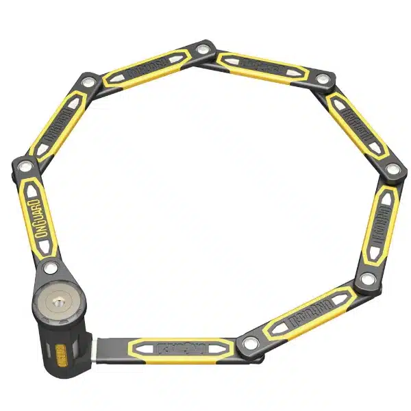 מנעול דיסק לציוד אופניים עם עיצוב מודולרי בצבעים שחור וצהוב, לשמירה על אביזרי אופניים חשמליים.