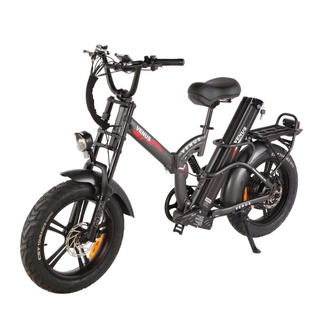 אופניים חשמליים מתקפלים בצבע שחור, עם סוללה ומערכת בלמים מתקדמת.