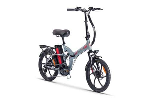 אופניים חשמליים מתקפלים בצבע אפור עם סוללה וחישוקים שחורים, מתאימים לטיולים עירוניים.