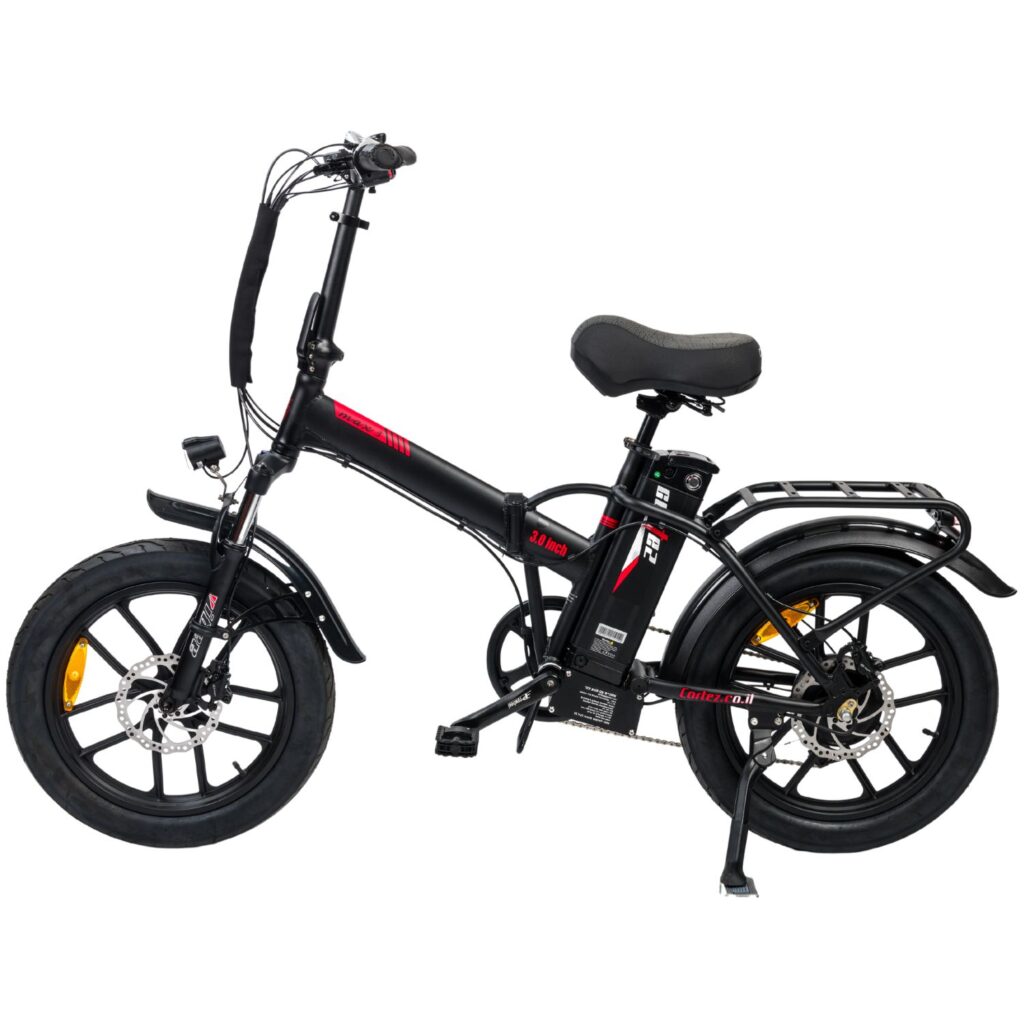אופניים חשמליים מתקפלים בצבע שחור עם גלגלים עבים, מושב נוח וידיות אחיזה.