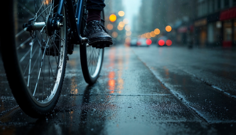 רכיבה עירונית על אופניים חשמליים בגשם